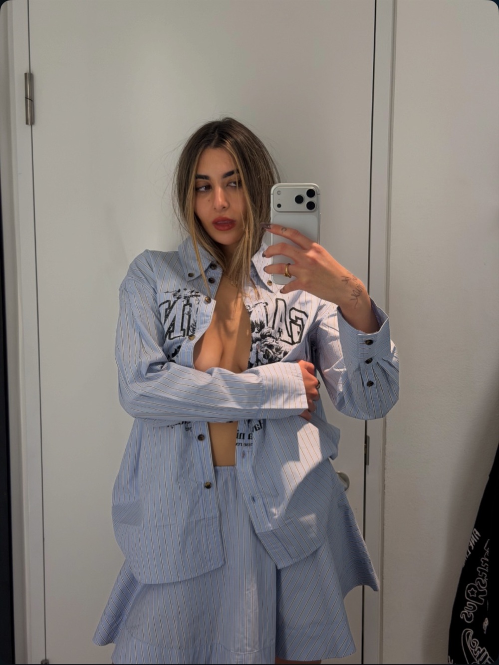 Ganni Light Blue Pinstripe Button-Down Shirt & skirt